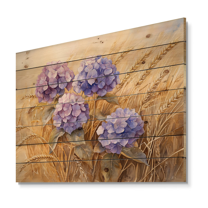 Hortensias dans la récolte de blé II - impression d'hortensias sur bois de pin naturel, H 30 po x l 40 po