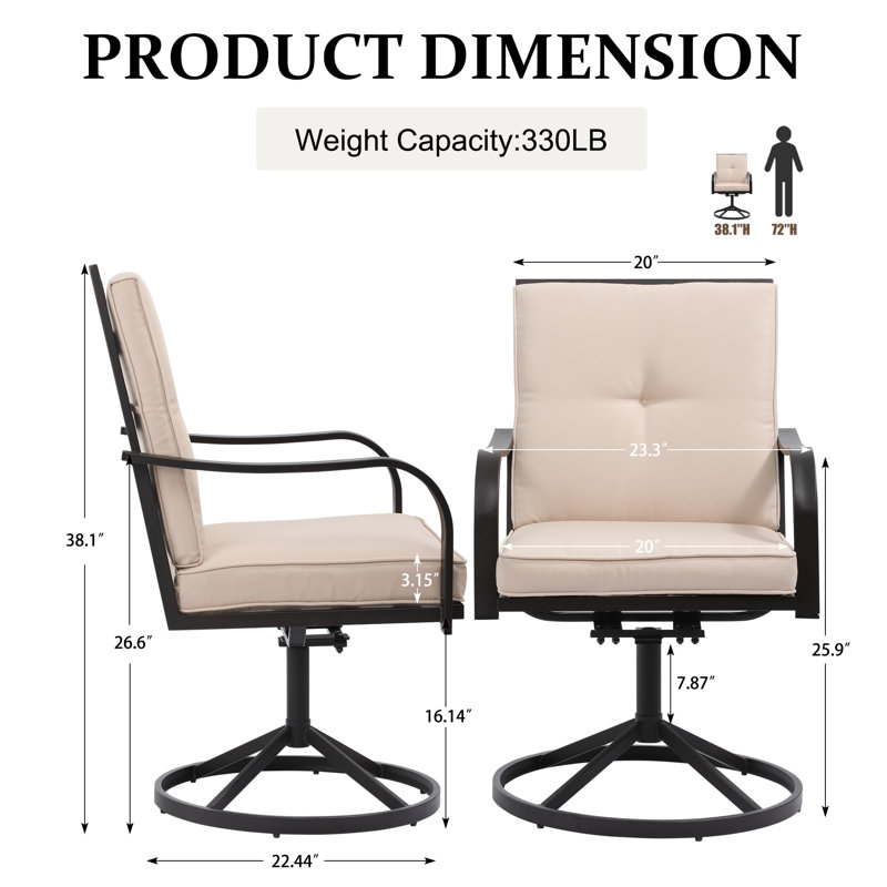 Chaises de salle à manger d'extérieur pivotantes pour patio, ensemble de 2 chaises pivotantes en métal robustes avec coussin