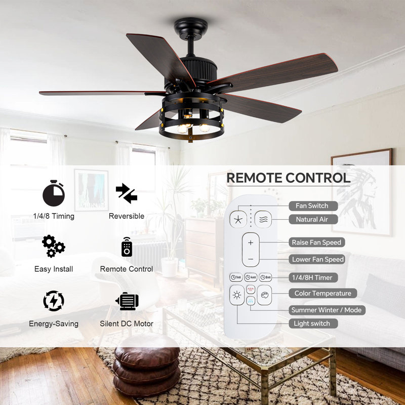 52 Inch Rustic Caged Ceiling Fan With Remote, Dual Finish Blades Reversible Dc Motor