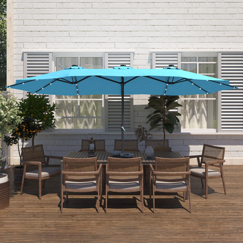 Kirkbride 181'' x 106'' Outdoor Double-Sided Patio Umbrella with Base 36 LED Light Market Umbrella with Cover, Turquoise