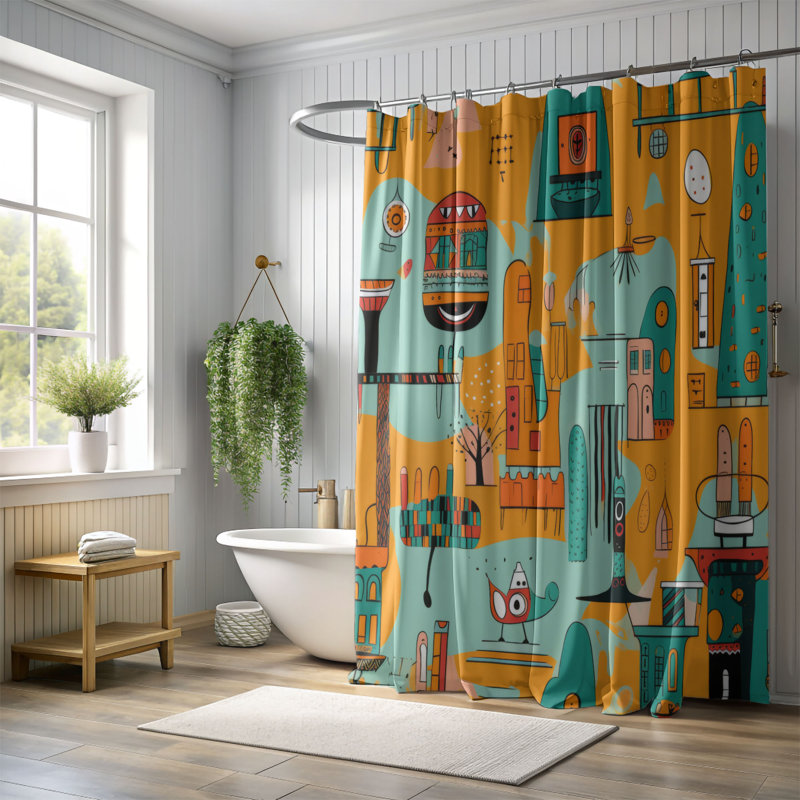 Happy Town - Rideau de douche Premium, H 74 po x l 71 po