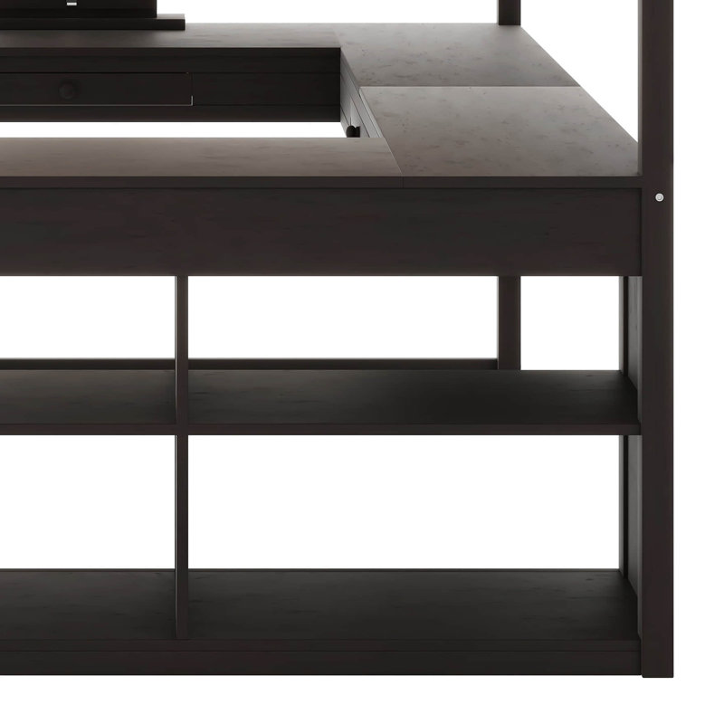 Lit mezzanine double en bois Kedryn avec bureau en U, compartiments de rangement et miroir à trois volets, Espresso