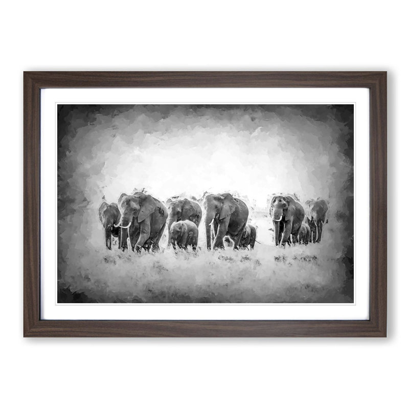Herd of Elephants Roaming in Abstract - Picture Frame Painting Print on MDF, Walnut Framed, 27cm H x 36cm W x 2cm D