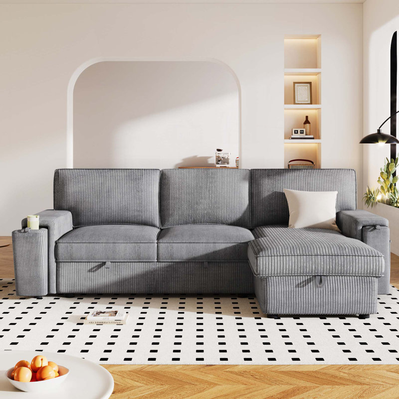 Canapé-lit modulaire Upholstery avec sacs de rangement et 2 porte-gobelets sur les accoudoirs, Gris