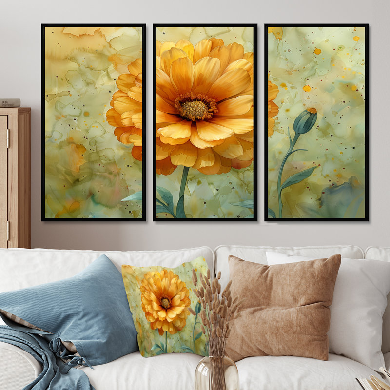 Jaune jaune vert Tender Bloom Marigold - ensemble d'art mural souci, H 28 po x l 36 po x P 1 po