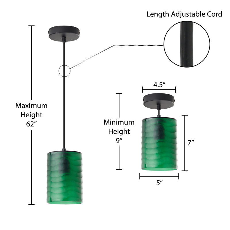 5"W Cyra Mid-Century Modern Amber Cylinder Hand Blown Glass Shade Pendant - Mercer41, Satin Black, Green