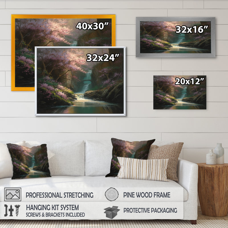 Madrina Cherry Blossom Stream VI sur toile, H 30 po x l 40 po x P 1,5 po, Cadre flottant doré