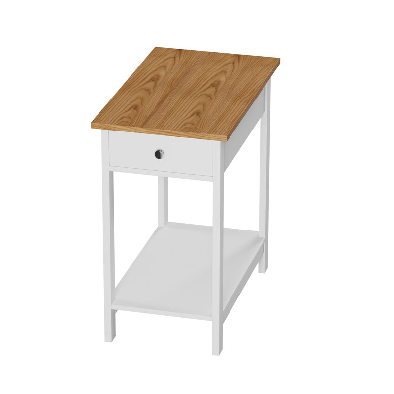 Honey Oak & White Slim Profile Side Table with Drawer & Shelf