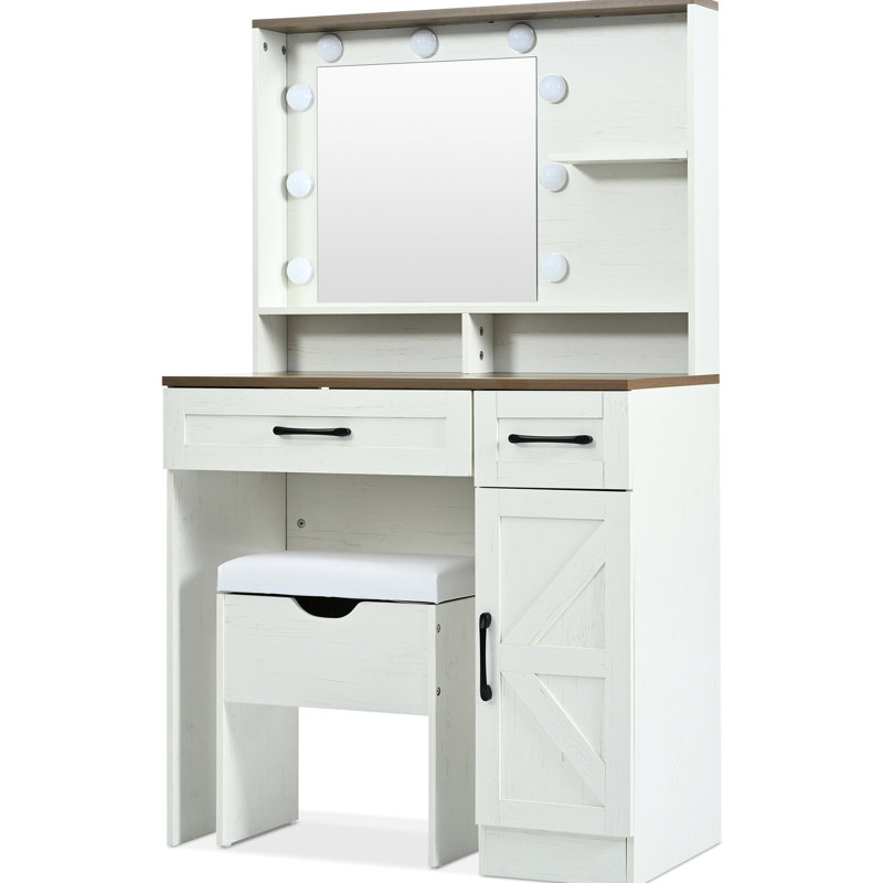 Coiffeuse blanche avec miroir, lumières, 3 modes, 2 tiroirs, tablettes réglables, armoire latérale pour miroir et armoire de coiffeuse de style chambre à coucher