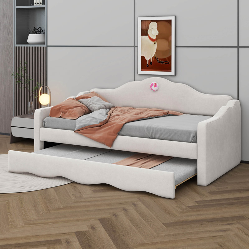 Lit de jour simple rembourré avec lit gigogne escamotable en forme de vague, Beige