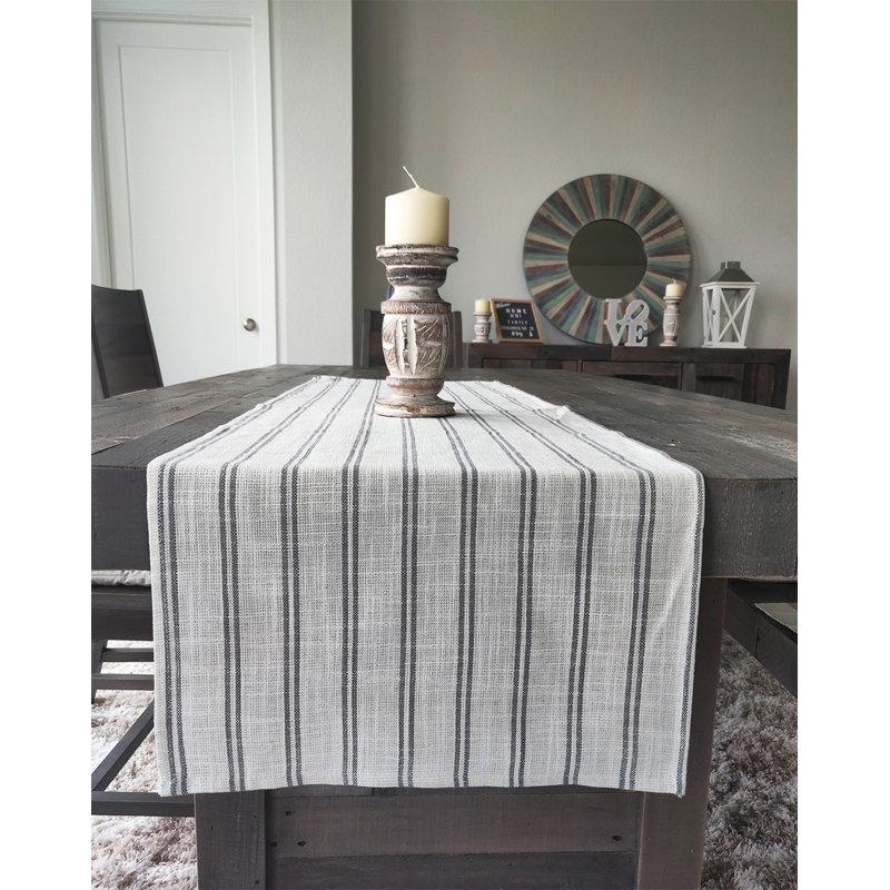 Beige-white Modern Striped Linen Blend Table Runner, 72" x 16" , Gray/White