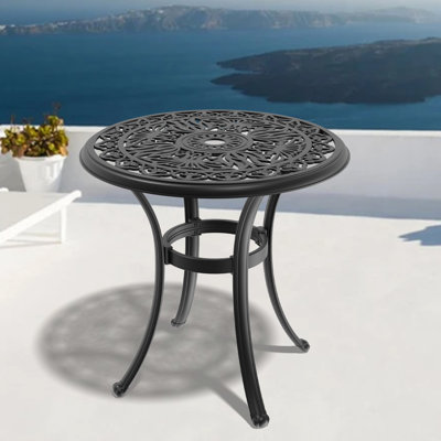 Table de salle à manger 27,53 pouces en fonte d'aluminium pour patio - noir, trou de parasol, capacité de 160 lb, 4 sièges, corrosion 27,53 po avec cadre noir 4, résistance, intempéries
