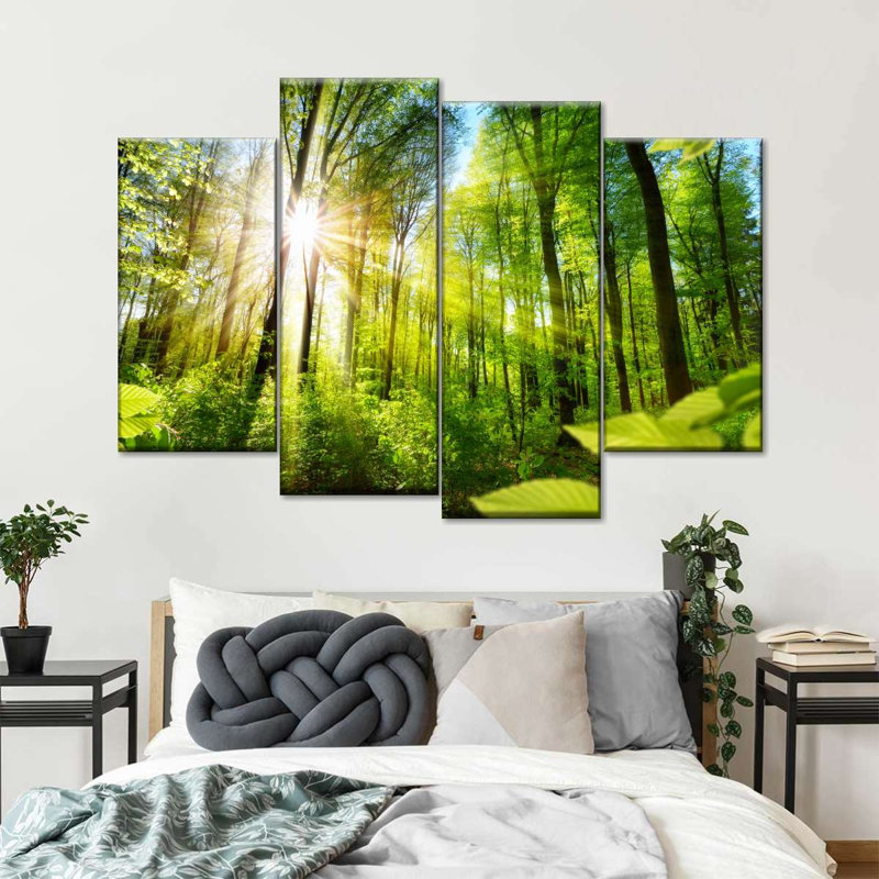 Ensemble 4 pièces de soleil forêt sur toile, H 22 po x l 36 po x P 1,25 po