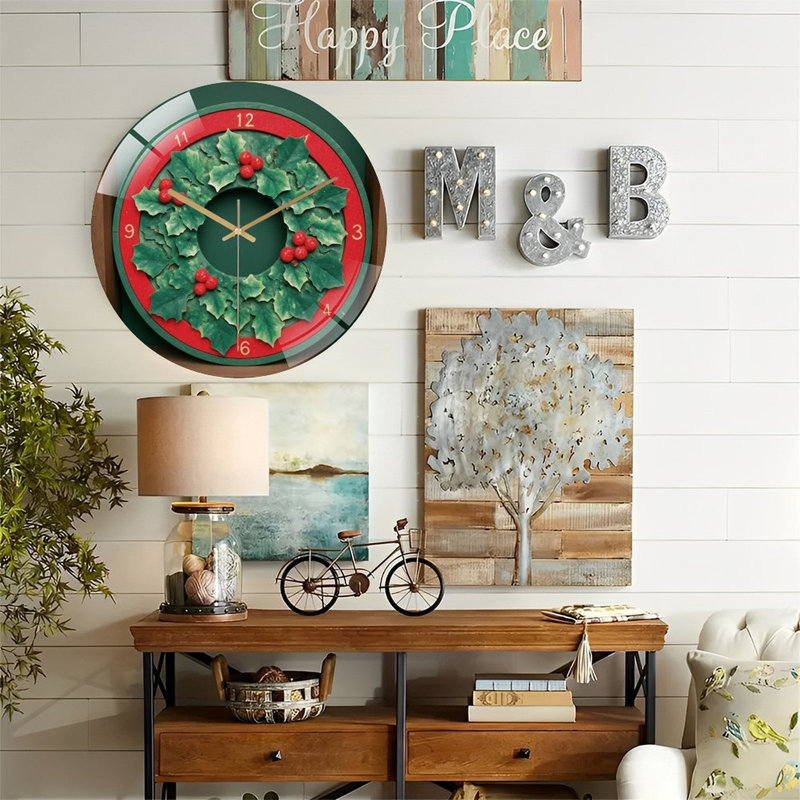 Horloge murale de Noël-Horloge-Couronne-avec-houx-et-baies