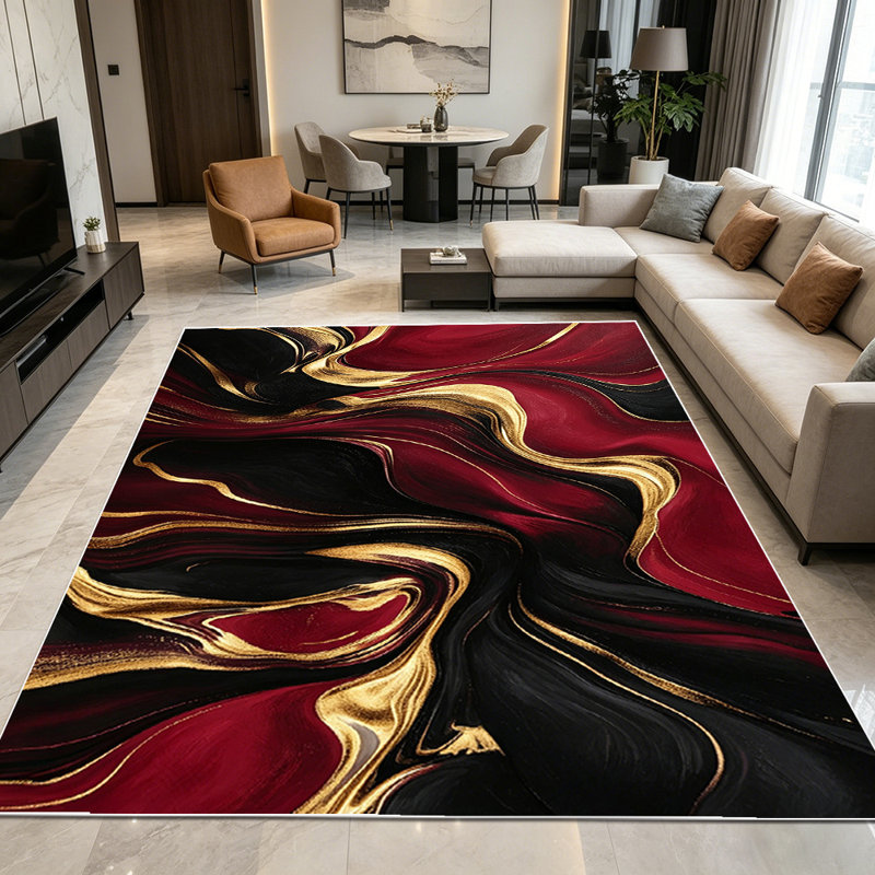 1PC Burgundy Black Gold Fluid Marbled Abstract area rugs for Living Room, Soft, All seasons, Easy-maintain, Washable Indoor mat, Farmhouse suitable for dining room, bedroom, kitchen, entryway, home office, patio, Home Decor, Outdoor Decor.