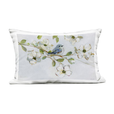 Bird Perched on Dogwood Design by Sally Swatland Outdoor Printed Pillow