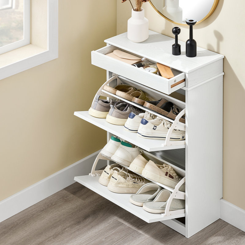 Moriah 8 Pair Flip Down Shoe Storage, White Vintage Wood Grain Effect/Black