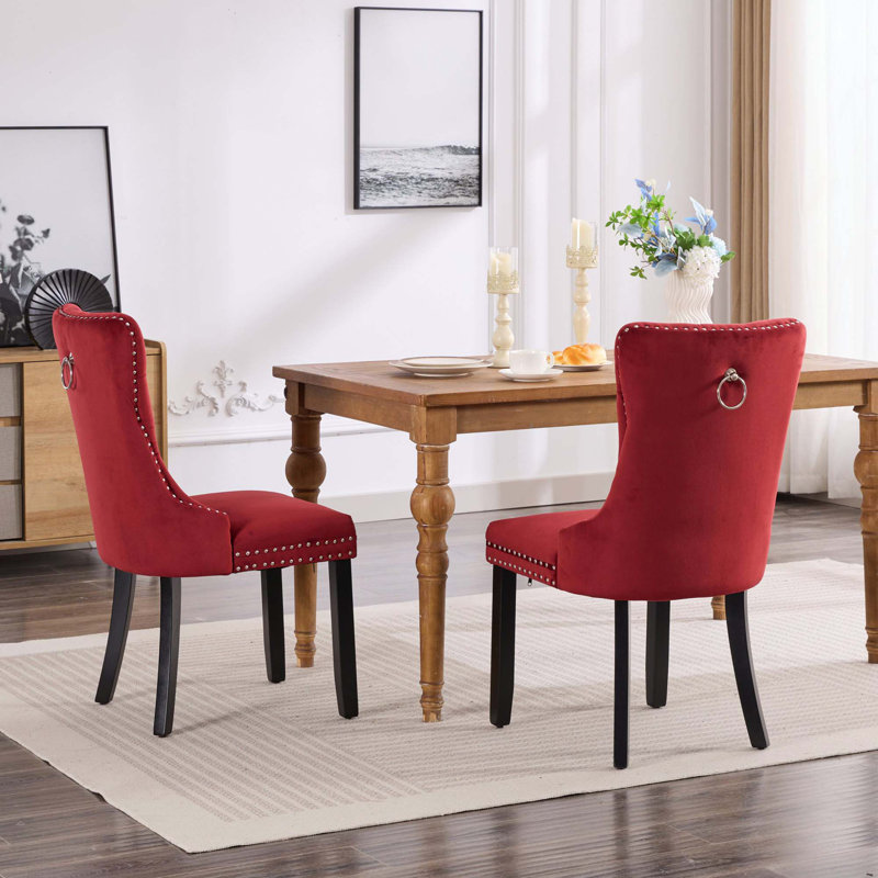 Ensemble de 2 chaises de salle à manger rembourrées haut de gamme en bois massif avec pieds cloutés, Velours rouge