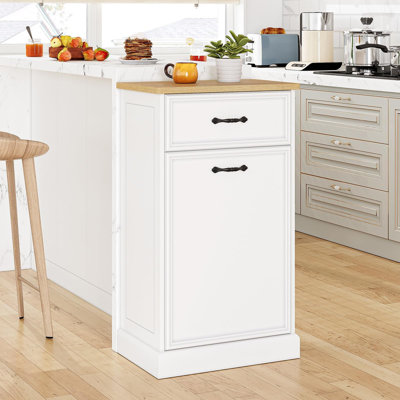 10 Gallon Tilt Out Trash Cabinet, Freestanding Kitchen Trash Bin Cabinet with Hideaway Drawer, Pet Proof Wooden Garbage & Recycling Cabinet for Kitchen & Living Room, White