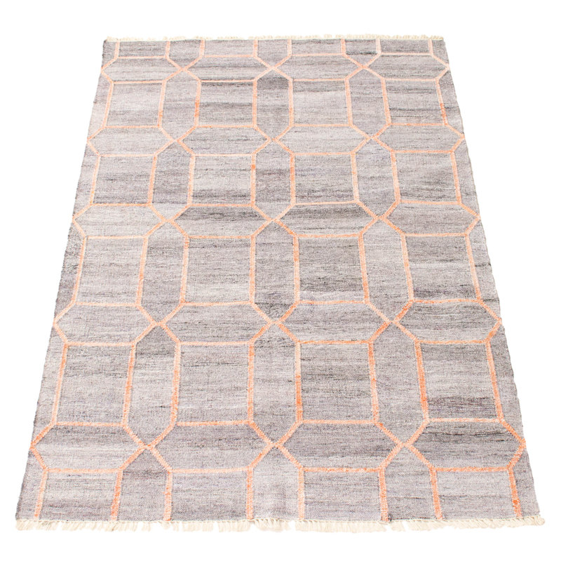 Tapis gris / ivoire en laine tissé à plat à la main à motif géométrique Minocqua