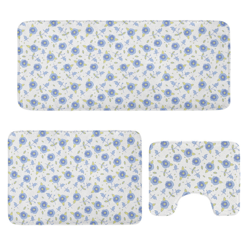  Ensemble de tapis de salle de bain Floral 3 pièces en U et tapis rectangulaires jaune pâle / bleu violet