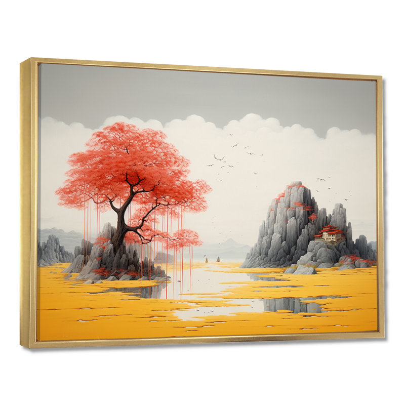Sheena - Lake House, art mural, H 16 po x l 32 po x P 1 po, Toile avec cadre flottant or