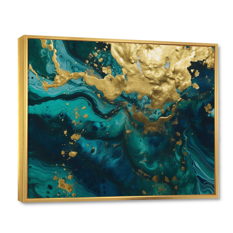 Teal and Gold Liquid Magic I - Abstract Canvas Print, Gold Floater Framed, 30" H x 40" W x 1.5" D