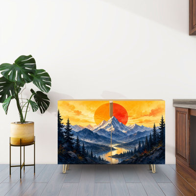 Sideboard Buffet Cabinet with Storage Golden Sunset Snow Capped Mountain Pine Forest River Landscape with 2 Doors for Living Room and Kitchen