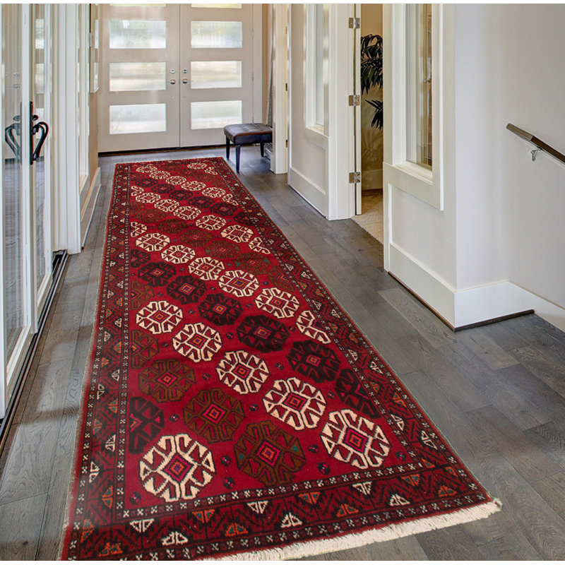 Hand-Knotted Rizbaft Red Wool Rug 3'6" X 9'10"