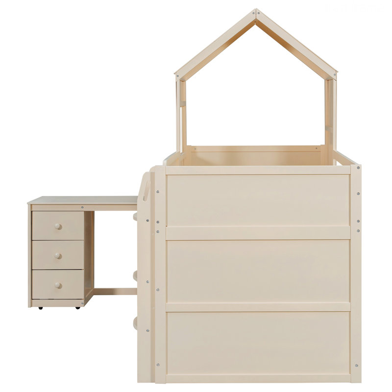 Structure de lit de style moderne, lit mezzanine en bois avec bureau, tiroirs, armoire, Beige