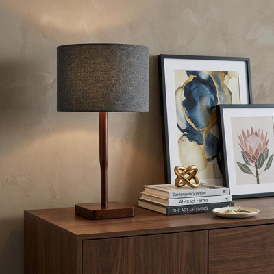 Lampe de table de 53 cm en bois massif brun avec abat-jour cylindrique gris foncé