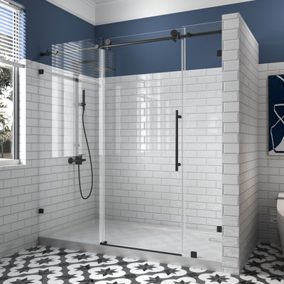 72'' W x 74'' H Frameless Single Sliding Shower Door with 3 Clear Glass Panels