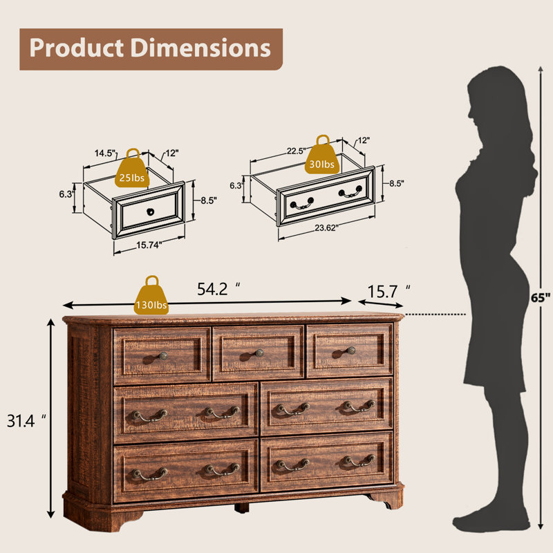 Commode de rangement 54 po à 7 tiroirs pour chambre à coucher, Brun