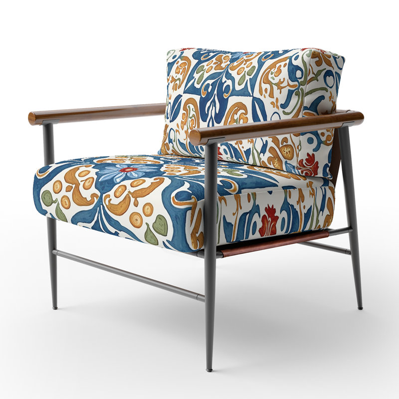 Mediterranean Tiles In Retro Blue VII - Upholstered Abstract Accent Side Chair, Black