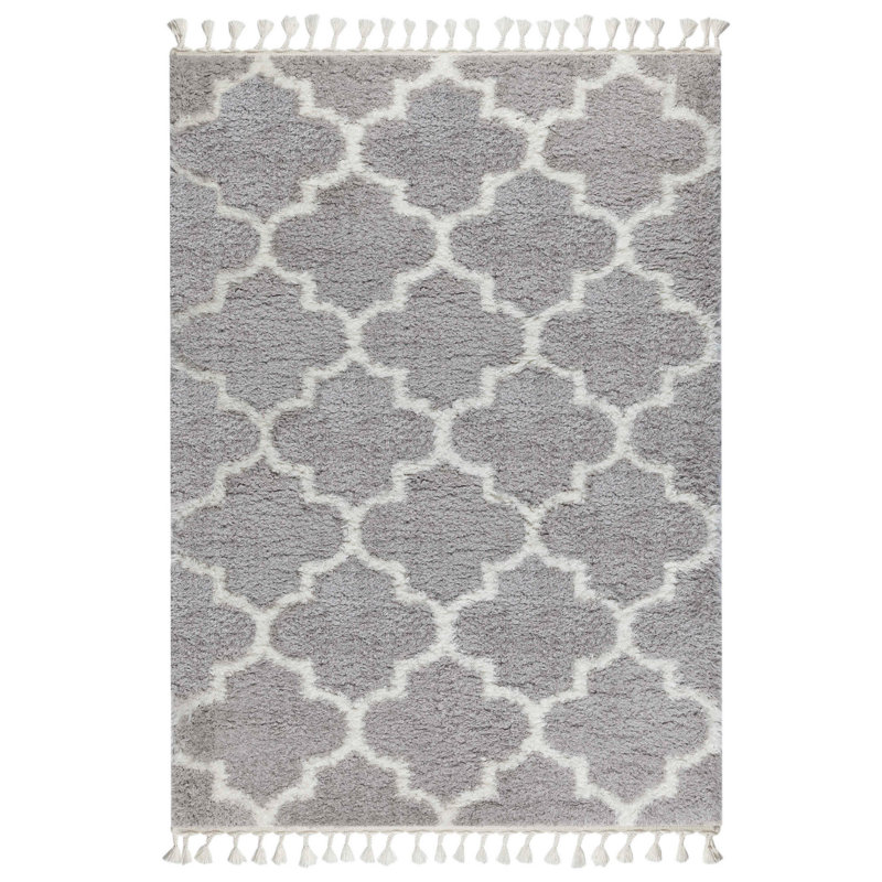 Tapis rectangulaire gris / blanc en polyester tissé à la machine, Rectangle 6 pi 7 po x 9 pi 6 po