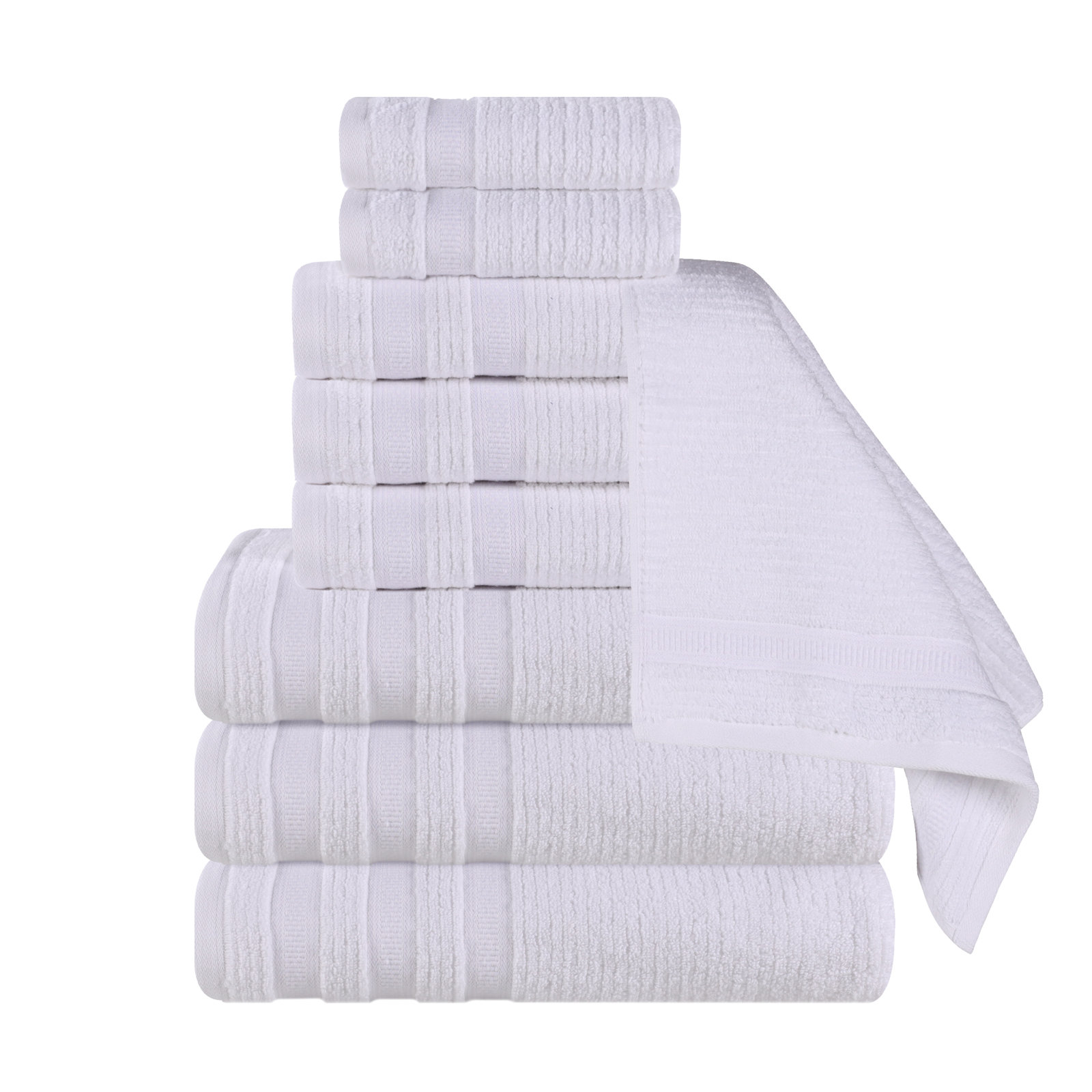 9-Piece Geometric Zero-Twist Cotton Towel Set, White, 9PCs set: (3 Face, 3 Hand & 3 Bath towels)