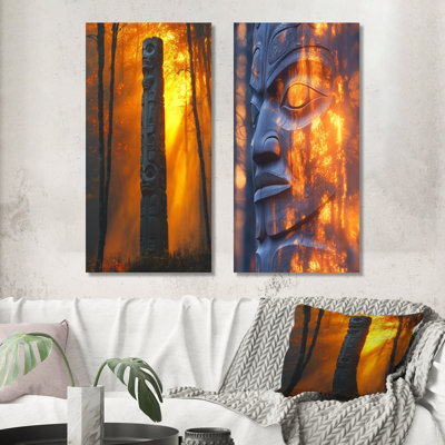 Yellow Totem Forest Sunrise I - Native American Art Totem Wall Art 2 Pieces Set