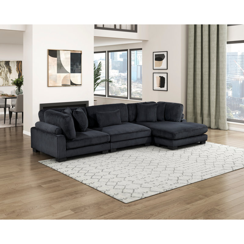 Canapé modulaire 3 pièces Constantino, H 34,5 po x l 135 po x P 70 po, Velours côtelé noir