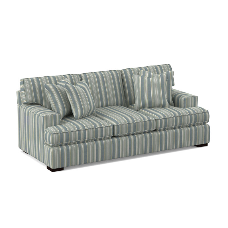 Bridgetown 97'' Recessed Arm Sofa with Reversible Cushions, Java Finish, Green and Blue Stripe; 0252-54