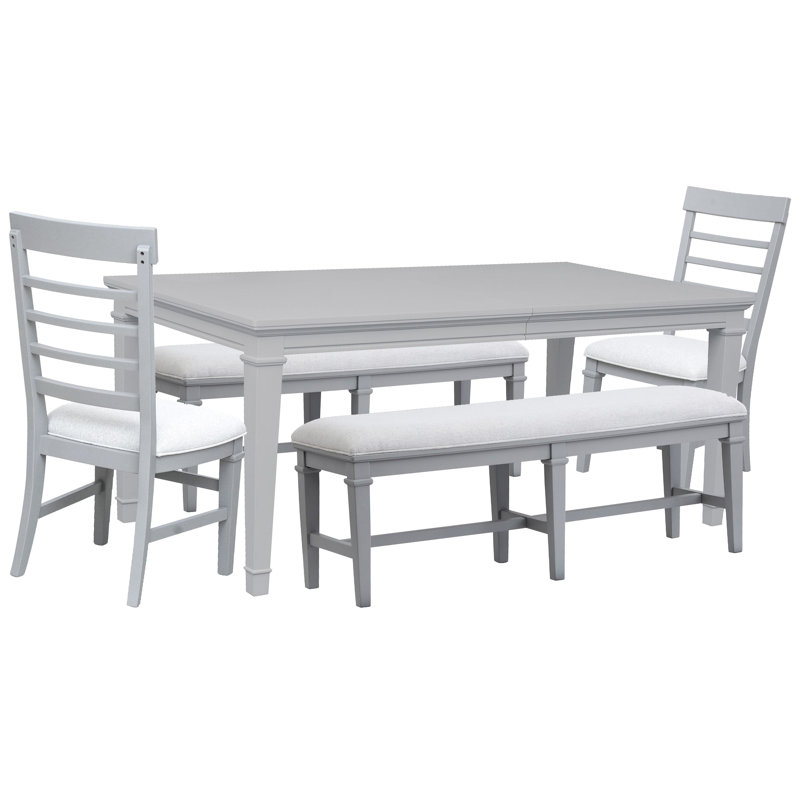 Grey Extendable Rectangular Dining Table With 2 Benches And 2 Side Chairs, 5 Pcs: Table, 2 Benches, 2 Chairs, Gray/White