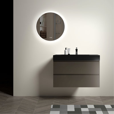 Lavabo de salle de bain gris - 36 po, fixation murale moderne, grand rangement, lisse et silencieuse, poignée biseautée - partie 36 po avec aspect gris, fixation maximale, point de vue sans poignée