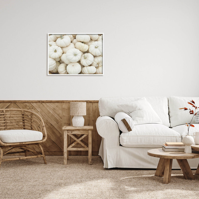 Autumnal White Pumpkins Framed Giclee Art in White Wood Frame