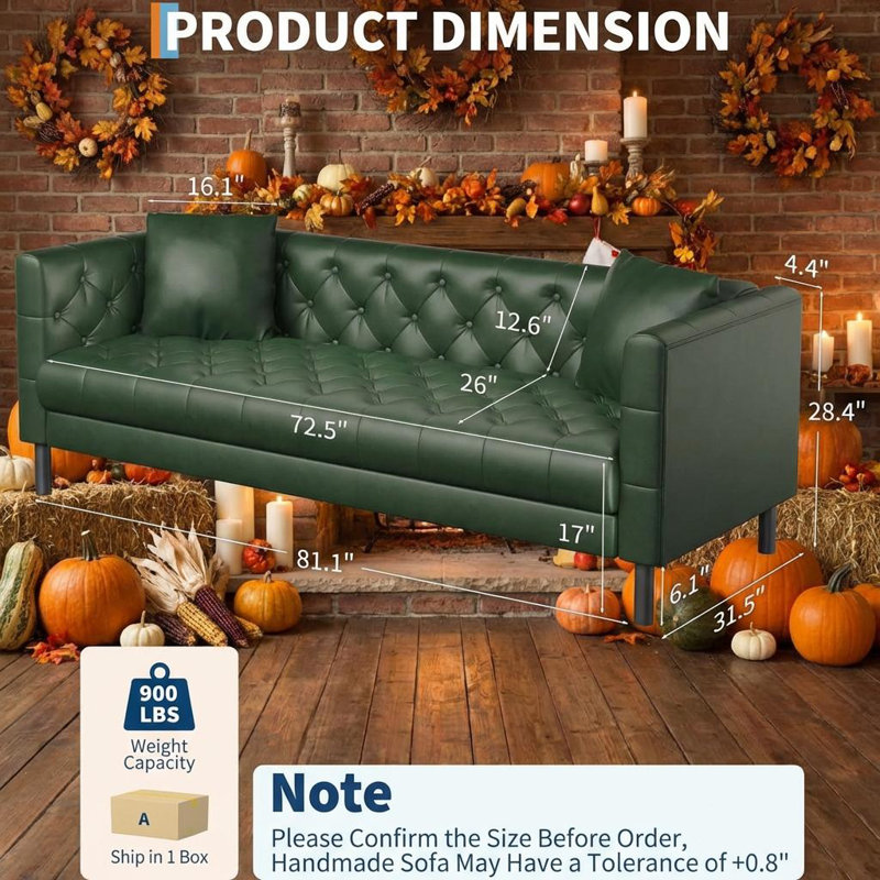 81 in PU Leather Couch for Living Room, Modern Sofa Couch with Deep Seat and 2 Pillows, Handmade Button Tufted 3 Seater Sofa,Faux Leather Sofa for Apartment, Office.