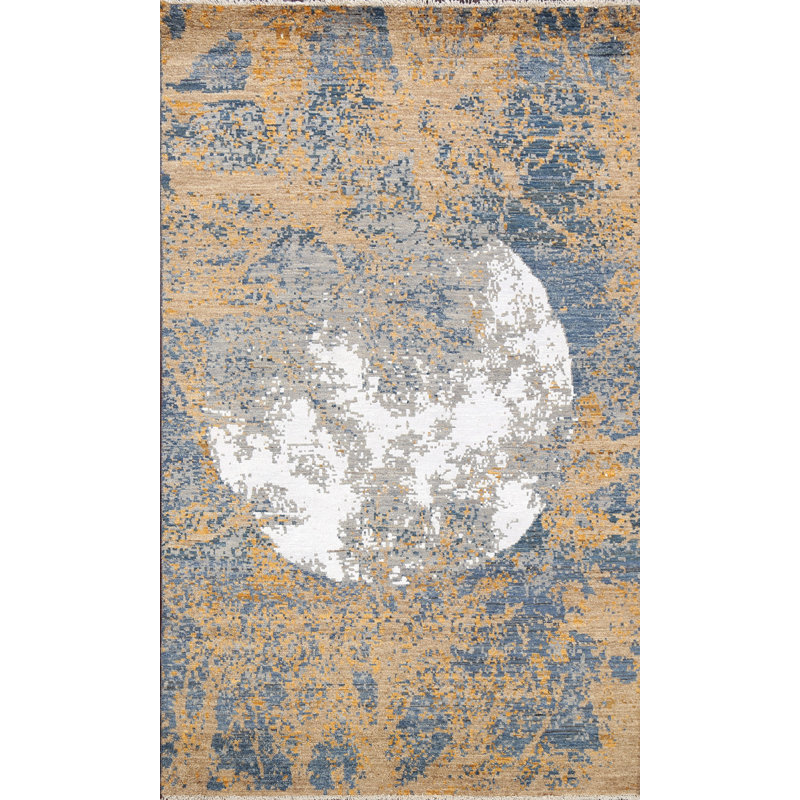Tapis brun / bleu / blanc rectangulaire noué à la main 4 pi 1 po x 6 pi 7 po