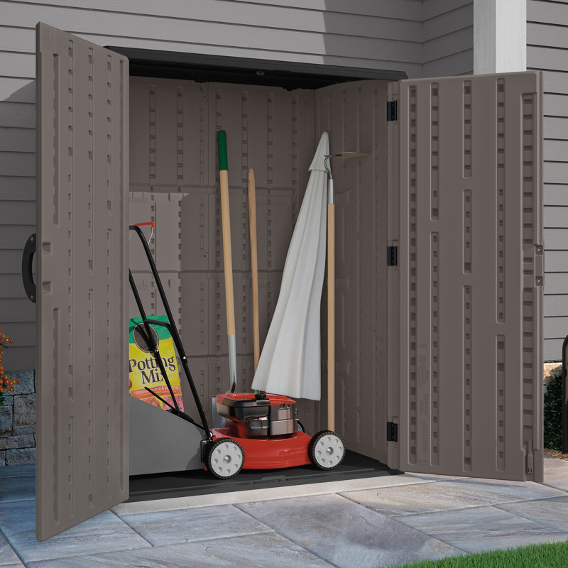 Suncast 53 in. W x 32.5 in. D Resin Vertical Tool Shed, Stoney