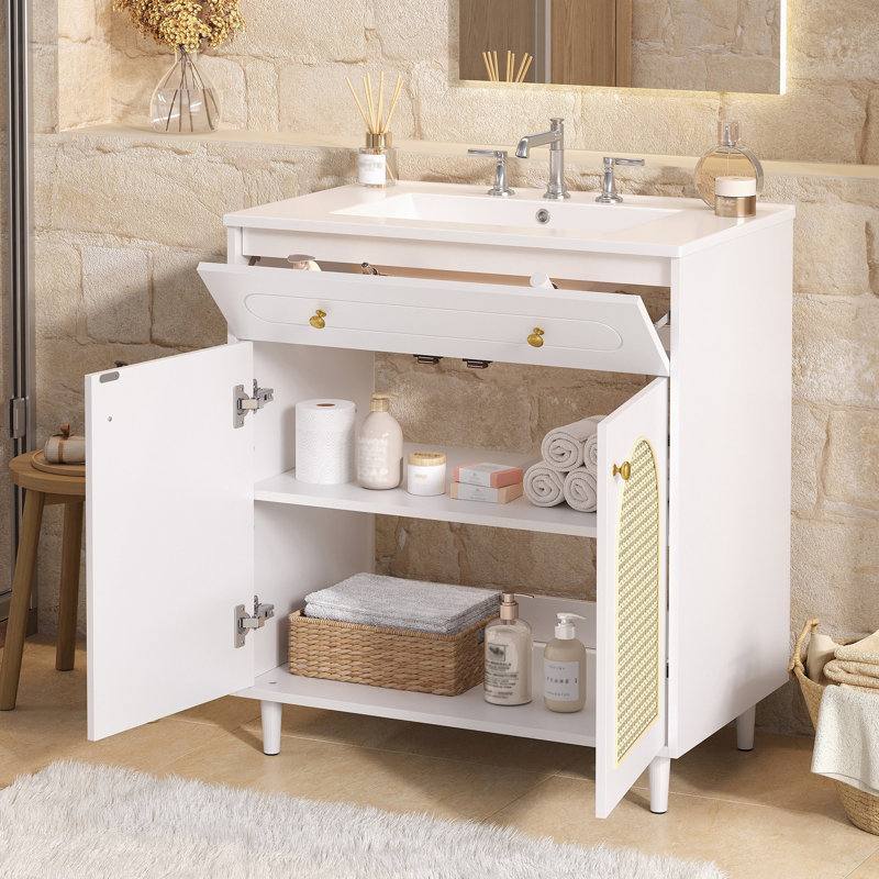 Meuble-lavabo de 30 po avec lavabo en céramique, meuble-lavabo à cadre en bois massif avec tablette réglable, tiroir à bout, panneaux avant en rotin