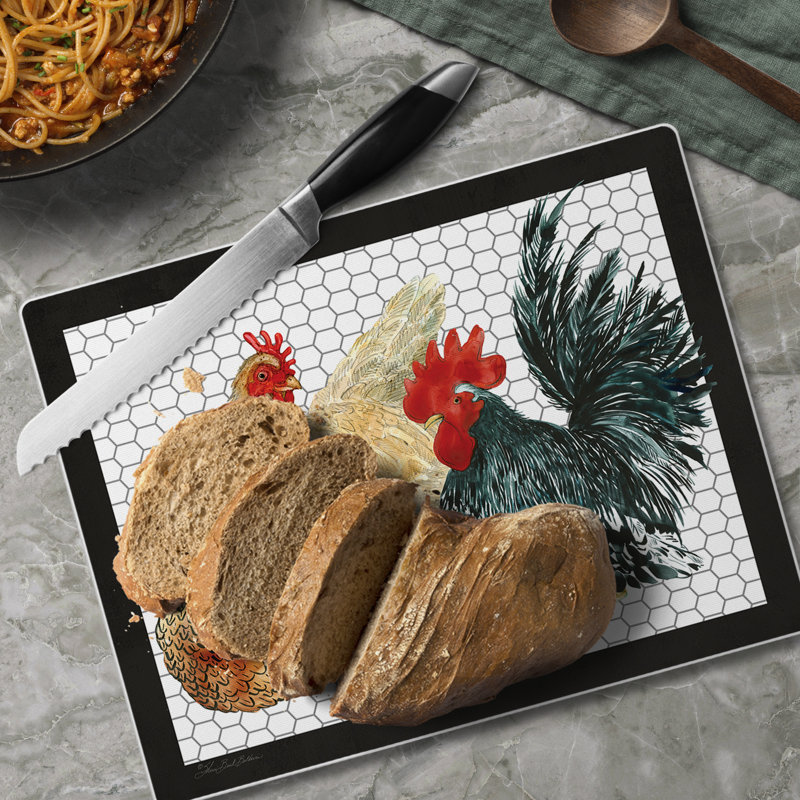Whimsical Roosters Tempered Glass Cutting Board 10" x 8"