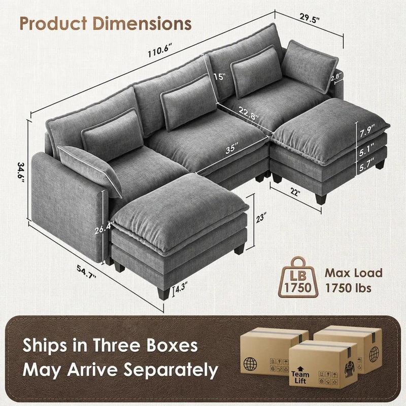 Canapé modulaire en chenille surélevé en forme de U de 111 po avec 2 repose-pieds mobiles en forme de U et 111 po avec 5 coussins pour le salon, gris