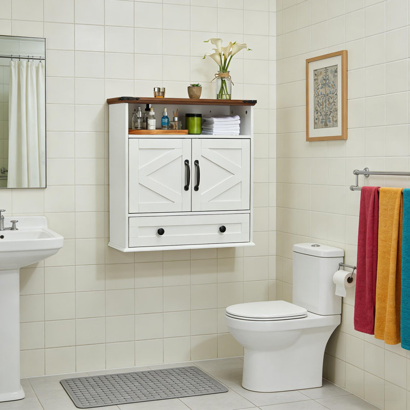 Wall-Mounted Storage with Farmhouse Style for Bathroom, Kitchen, Laundry & Entryway, White/Brown