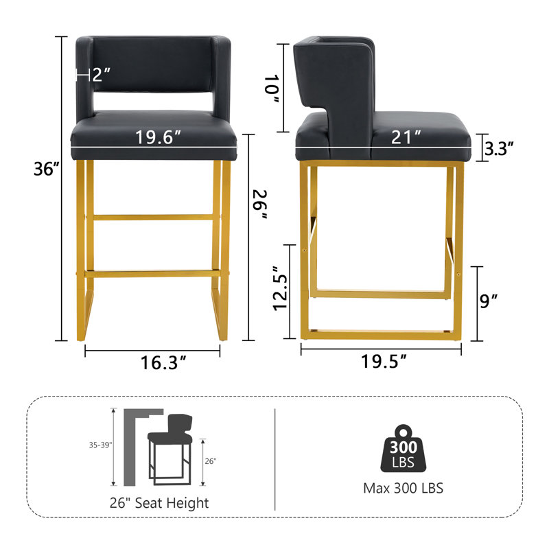 Tabouret de comptoir rembourré avec structure en métal (ensemble de 2), Noir, Doré